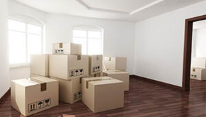 An office with everything packed into boxes