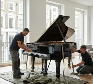 two men packing a piano in a house for A&M Removals - piano removals Selby