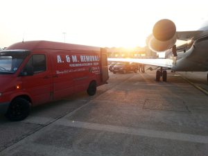 A&M Removals van delivering yacht parts to an airport